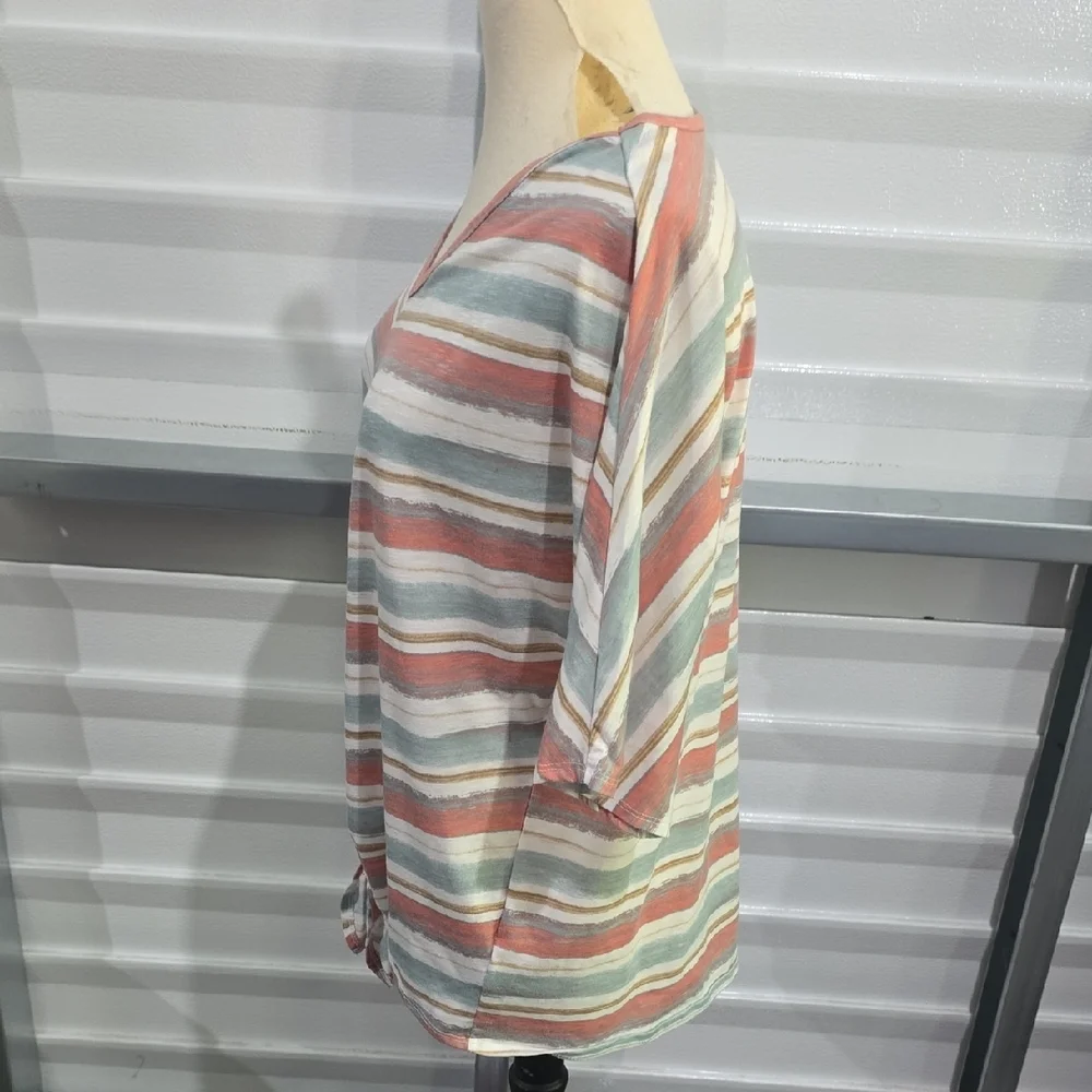 Relaxed‎ Green and Pink Tie Front Short Sleeve Blouse